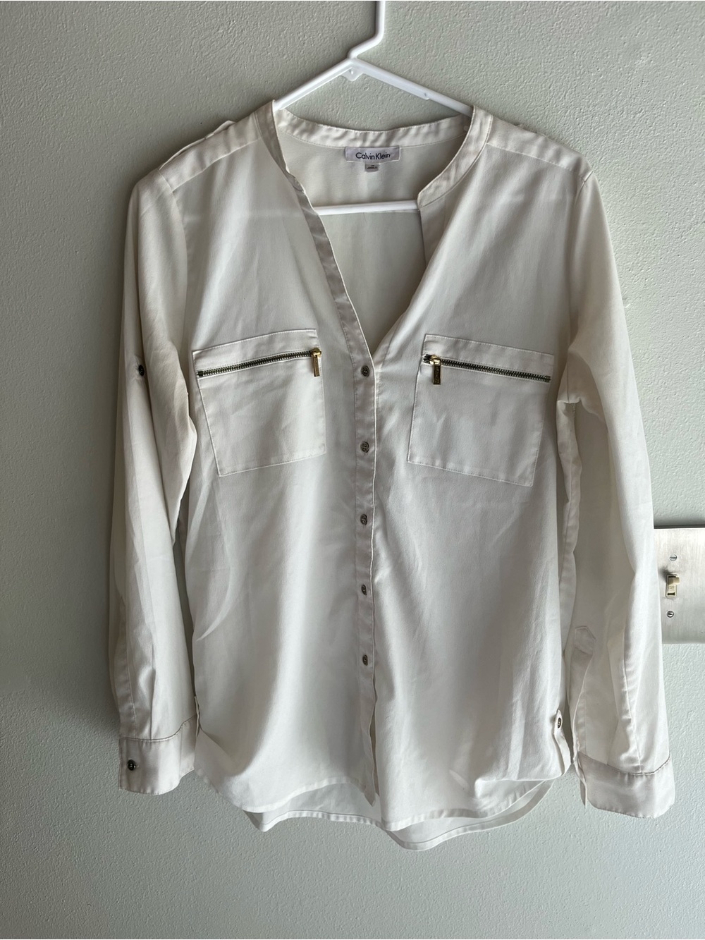 Calvin Klein Ivory Button-Front Blouse with Gold Zips